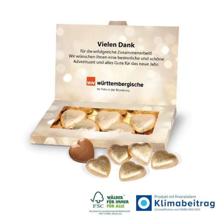 Business Präsentbox mit Schokoherzen ideal auch für Jubiläum