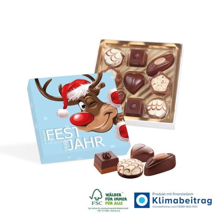 Für Weihnachten oder Jubiläen ein perfektes Werbegeschenk sind diese Pralinés in bedruckbarer Werbekartonage