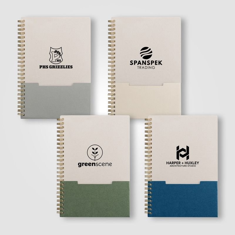 Spiralnotizbuch A5 bedrucken - Lino mit Einstecktasche und besonderem Materialcharakter Spiralnotizbuch A5 bedrucken - Lino mit Einstecktasche und besonderem Materialcharakter